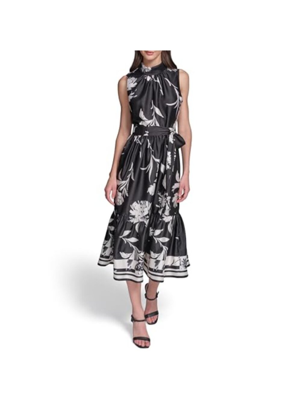 Sleeveless Mock Neck Printed Scarf Twill Boarder Print Midi Dress